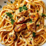 Delicious Cowboy Butter Chicken Linguine served with fresh herbs and spices.