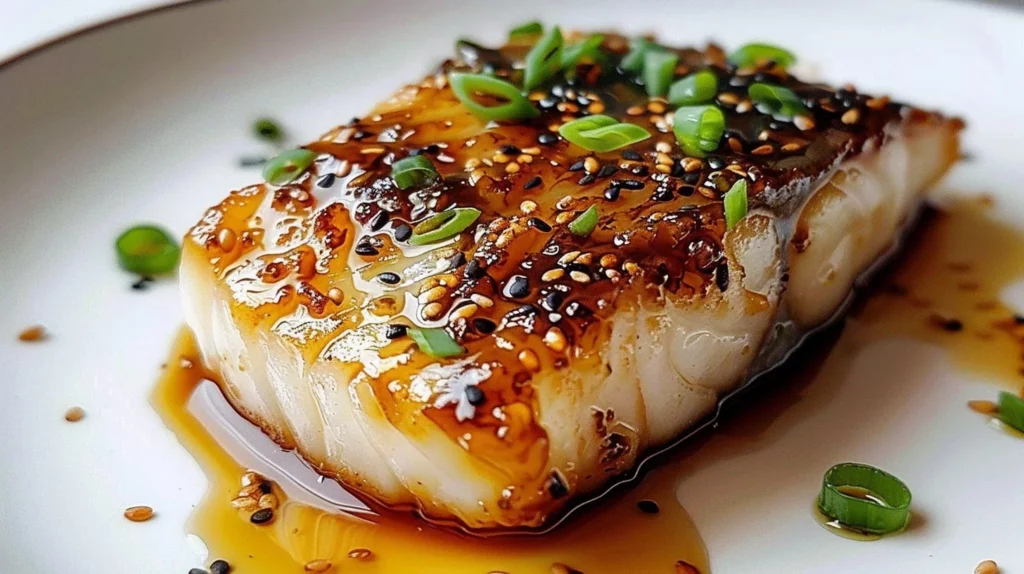 Ginger Soy Glazed Cod fillets with vibrant sauce and garnish on a plate.
